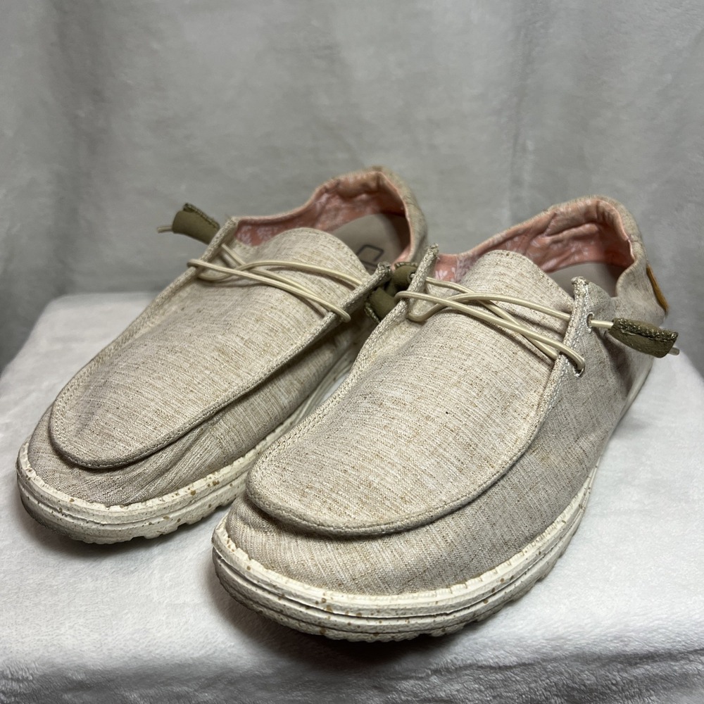 Hey Dude Wendy Chambray White Nut Women's Size 10 Slip On Casual Shoes Beige
